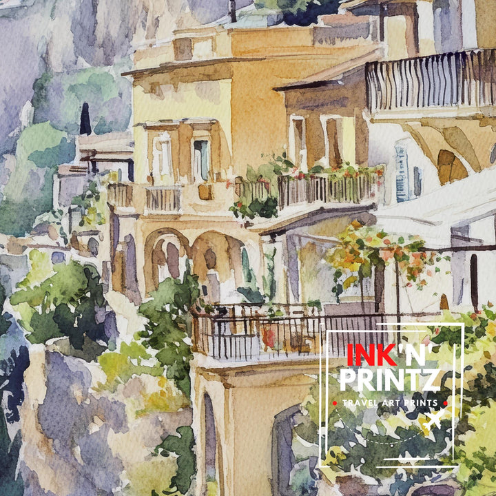 Sorrento Watercolor Painting Italy Coastal Art Sorrento Print Scenic Italy Watercolor Amalfi Coast Decor