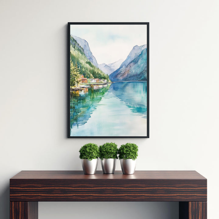 Olden Norway Watercolor Painting Norwegian Fjord Art Olden Print Scenic Mountain Lake Decor Gift for Norway Lovers