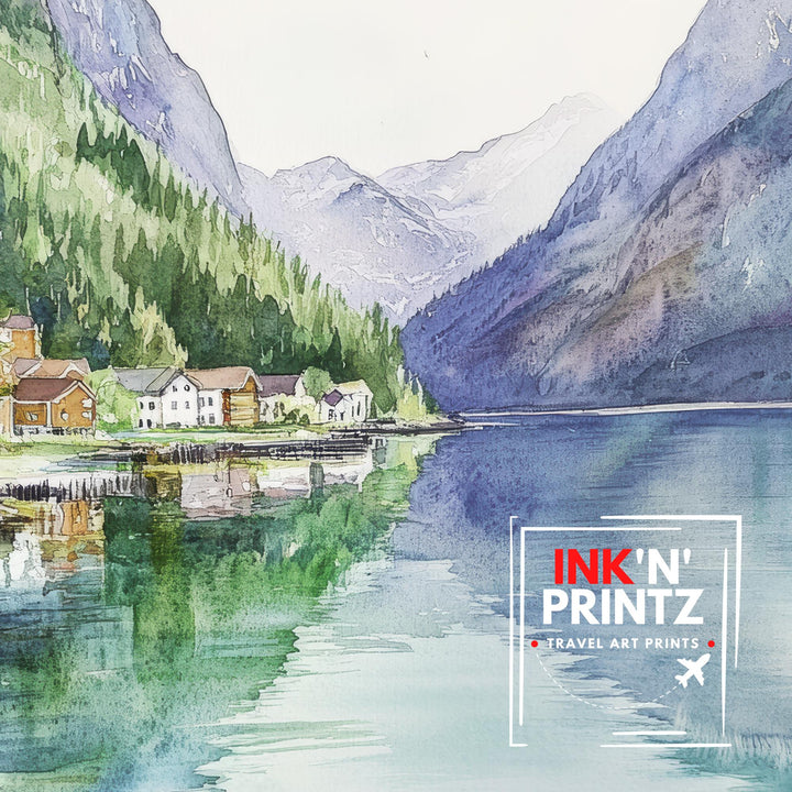 Olden Norway Watercolor Painting Norwegian Fjord Art Olden Print Scenic Mountain Lake Decor Gift for Norway Lovers