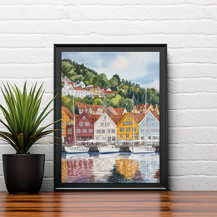 Bergen Norway Watercolor Painting Norwegian City Art Bergen Print Scenic Harbor Landscape Decor Gift for Norway Lovers