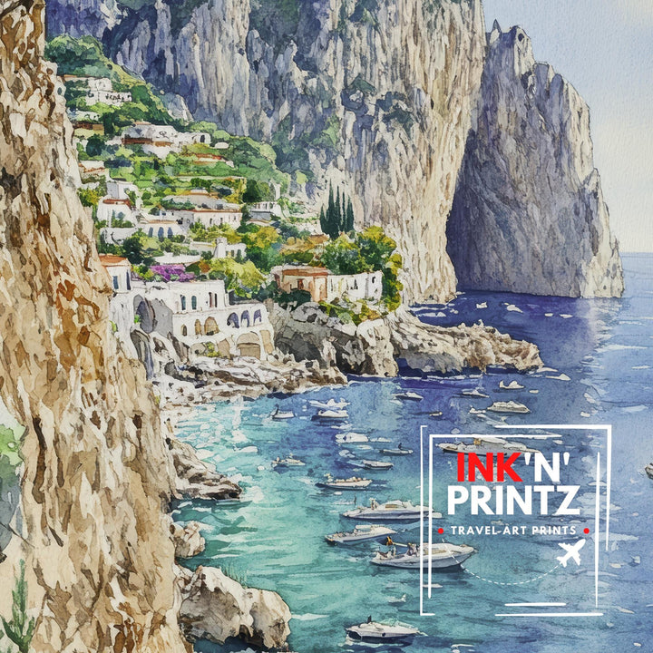Capri Watercolor Painting Italian Island Art Capri Print Scenic Mediterranean Decor