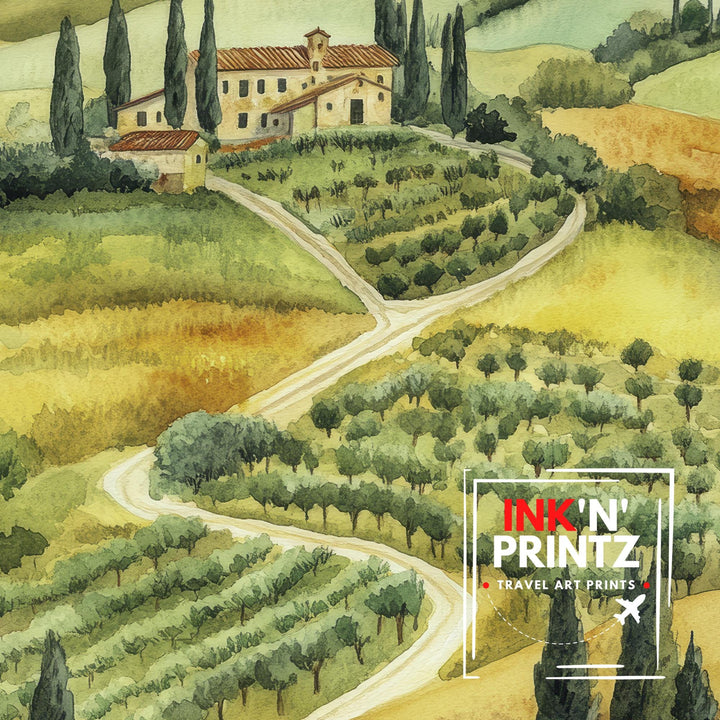 Tuscany Watercolor Painting Italian Landscape Art Tuscany Print Scenic Tuscany Decor
