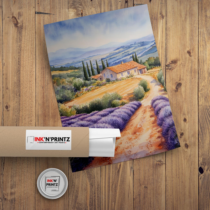 Provence Watercolor Painting French Landscape Art Provence Print Scenic Lavender Fields Decor Gift for France Lovers