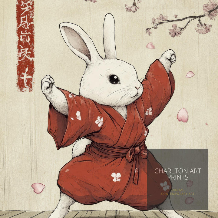 Kung Fu Rabbit Japanese Art Print Whimsical Poster Ukiyo-e Style Bunny Wall Art for Cozy Homes Martial Arts and Animal Lover Decor