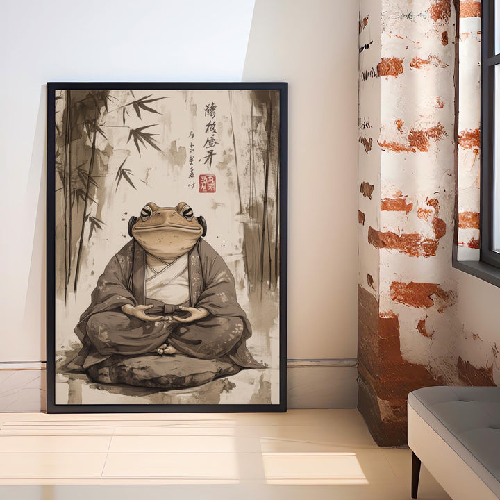 Japanese Meditating Toad Art Print Whimsical Poster Ukiyo-e Style Amphibian Wall Art for Cozy Homes Zen Decor and Nature Inspired Spaces