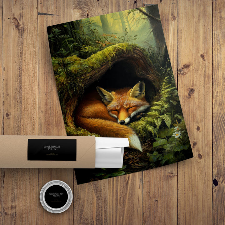 Red Fox Sleeping in Hollow Log Poster Cottagecore Decor Dark Academia Art Enchanted Wildlife Illustration Vintage Nature Wall Art