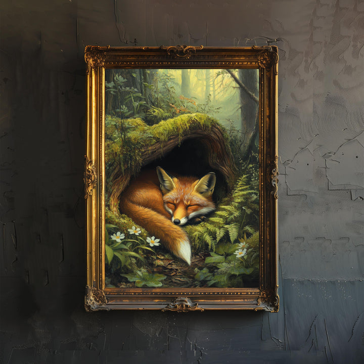 Red Fox Sleeping in Hollow Log Poster Cottagecore Decor Dark Academia Art Enchanted Wildlife Illustration Vintage Nature Wall Art