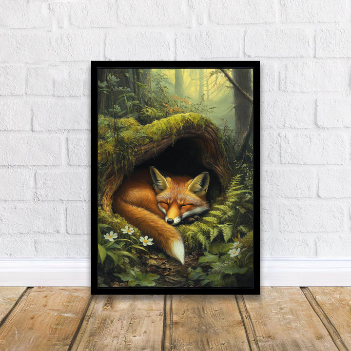 Red Fox Sleeping in Hollow Log Poster Cottagecore Decor Dark Academia Art Enchanted Wildlife Illustration Vintage Nature Wall Art