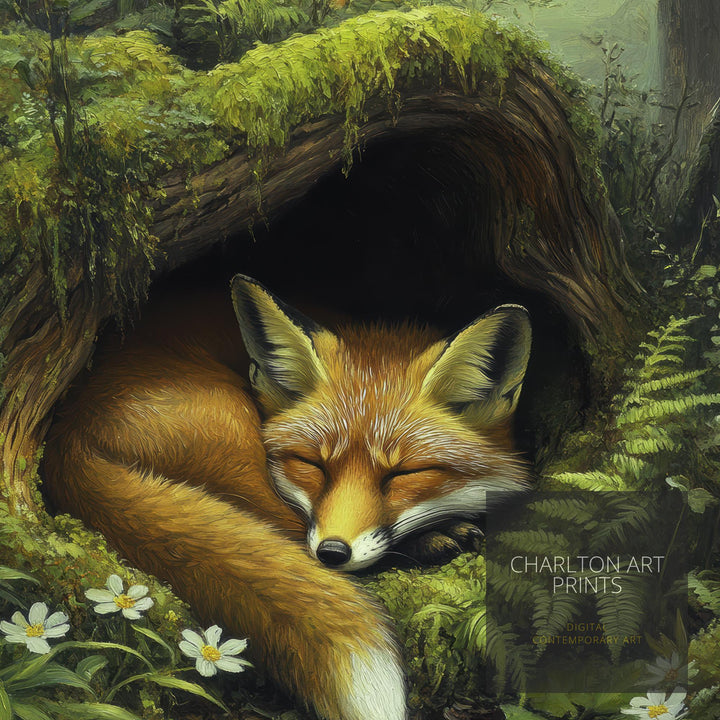 Red Fox Sleeping in Hollow Log Poster Cottagecore Decor Dark Academia Art Enchanted Wildlife Illustration Vintage Nature Wall Art