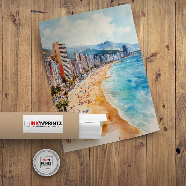Benidorm Spain Watercolor Painting Spanish City Art Benidorm Print Scenic Beach Resort Decor Gift for Spain Lovers