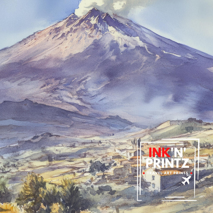 Mount Etna Watercolor Painting Sicily Volcano Art Mount Etna Print Scenic Mountain Decor Gift for Sicily Lovers