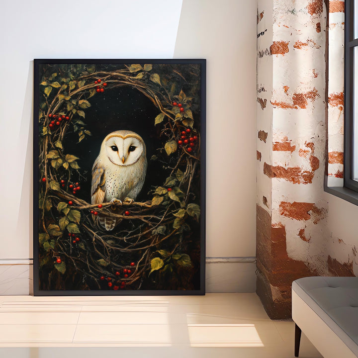 Barn Owl in Hedgerow Art Print Cottagecore Woodland Bird Decor Rustic Nature Wall Art