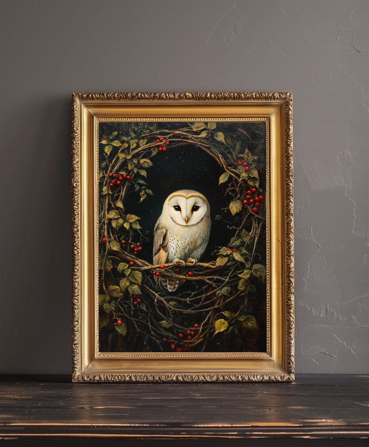 Barn Owl in Hedgerow Art Print Cottagecore Woodland Bird Decor Rustic Nature Wall Art