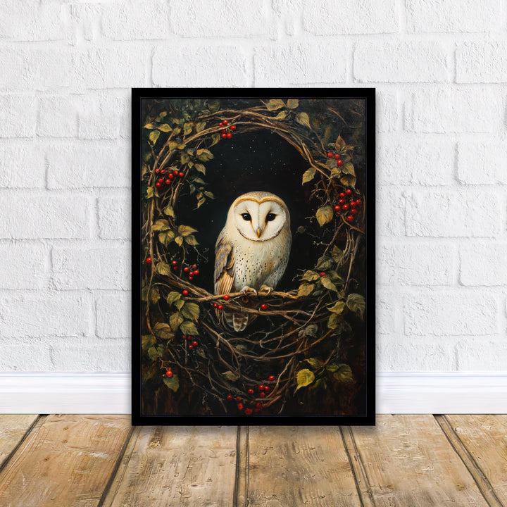 Barn Owl in Hedgerow Art Print Cottagecore Woodland Bird Decor Rustic Nature Wall Art