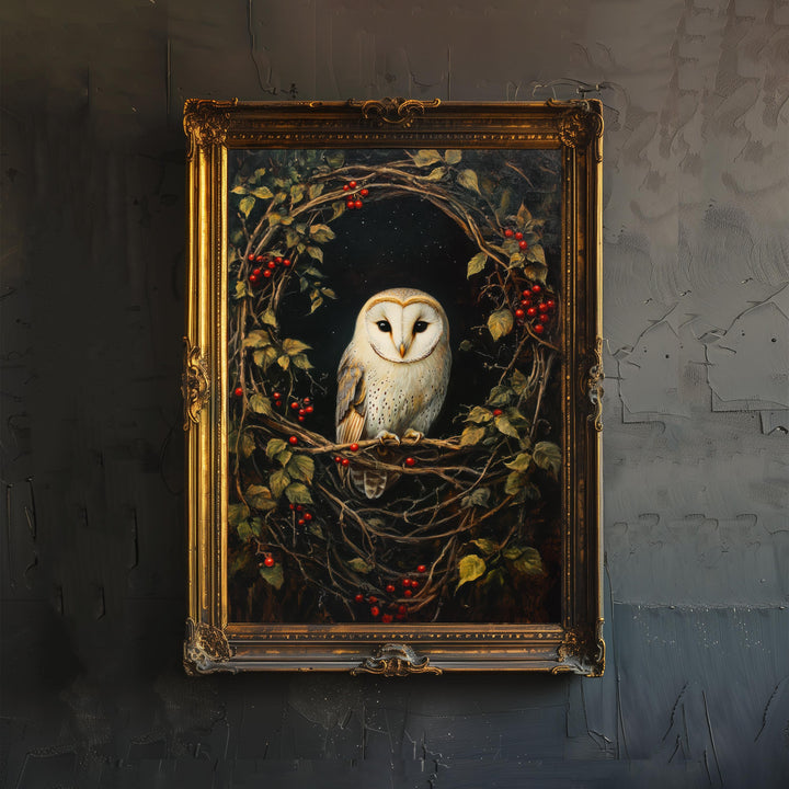 Barn Owl in Hedgerow Art Print Cottagecore Woodland Bird Decor Rustic Nature Wall Art