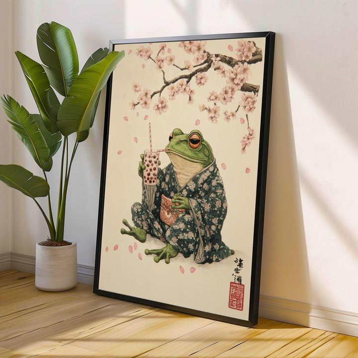 Japanese Frog Drinking Tea Art Print Whimsical Poster Ukiyo-e Style Wall Art for Cozy Homes and Nature Inspired Decor