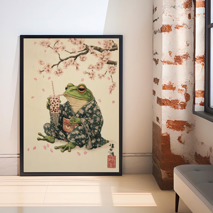 Japanese Frog Drinking Tea Art Print Whimsical Poster Ukiyo-e Style Wall Art for Cozy Homes and Nature Inspired Decor
