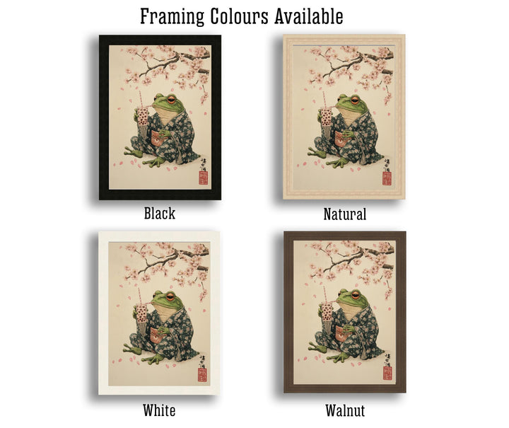 Japanese Frog Drinking Tea Art Print Whimsical Poster Ukiyo-e Style Wall Art for Cozy Homes and Nature Inspired Decor