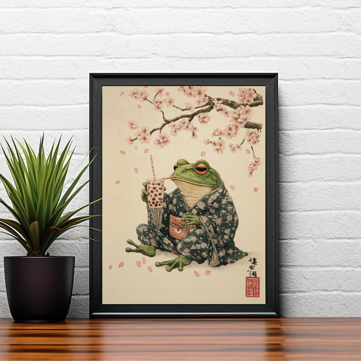 Japanese Frog Drinking Tea Art Print Whimsical Poster Ukiyo-e Style Wall Art for Cozy Homes and Nature Inspired Decor