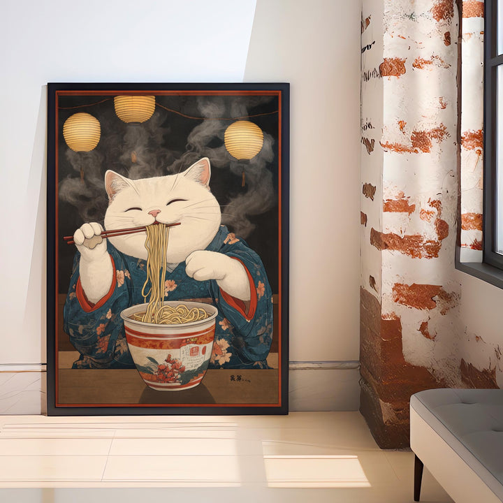 Japanese Cat in Kimono Eating Noodles Poster Whimsical Asian Art Print Cute Feline Wall Decor