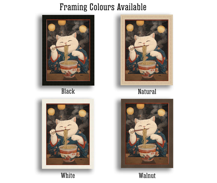 Japanese Cat in Kimono Eating Noodles Poster Whimsical Asian Art Print Cute Feline Wall Decor