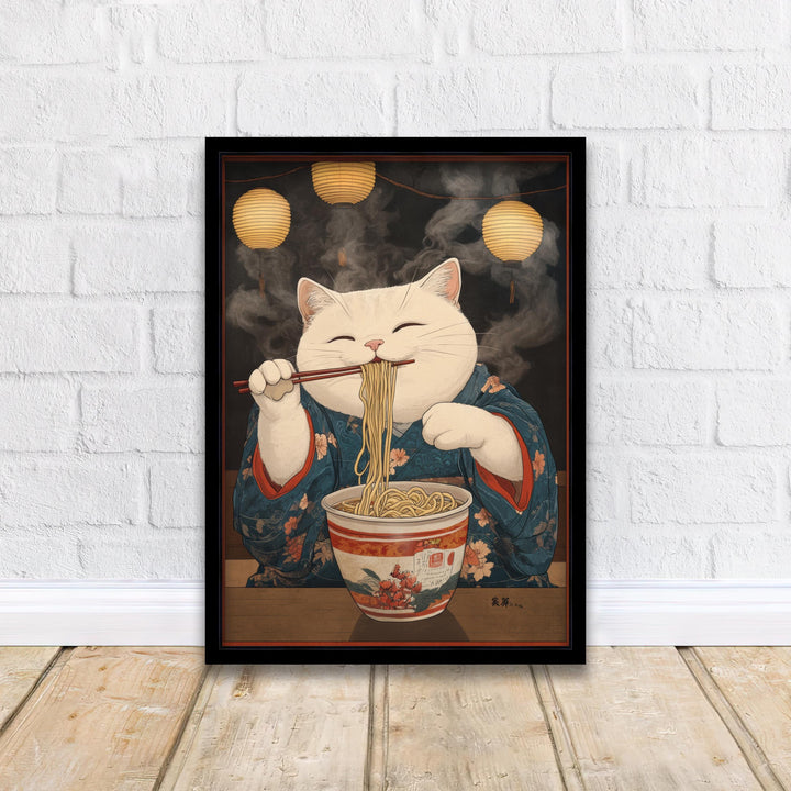 Japanese Cat in Kimono Eating Noodles Poster Whimsical Asian Art Print Cute Feline Wall Decor
