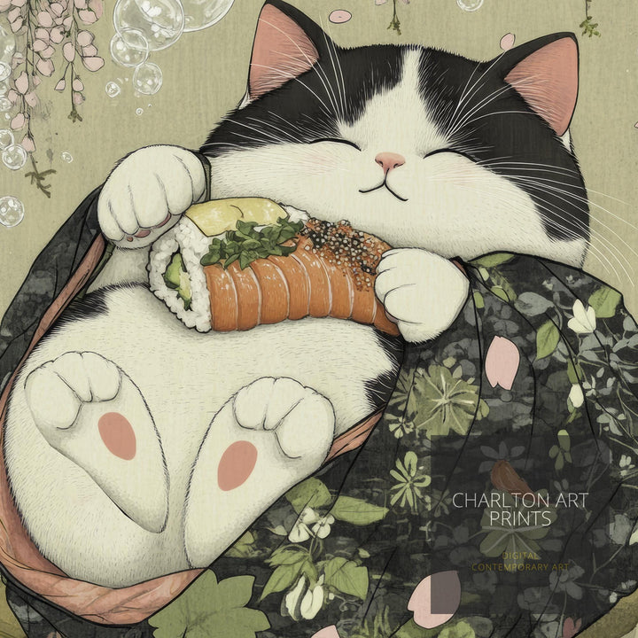 Japanese Cat Sleeping Poster Cute Feline Wall Art Japanese Style Home Decor