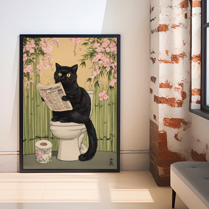Japanese Cat Sitting on Toilet Art Print Whimsical Poster Ukiyo-e Style Funny Cat Wall Art for Cozy Homes and Quirky Bathroom Decor