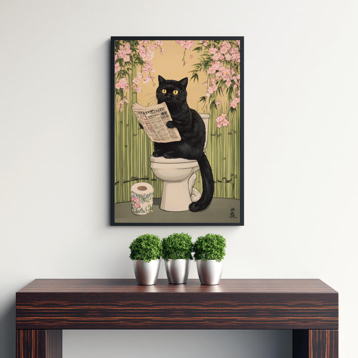 Japanese Cat Sitting on Toilet Art Print Whimsical Poster Ukiyo-e Style Funny Cat Wall Art for Cozy Homes and Quirky Bathroom Decor