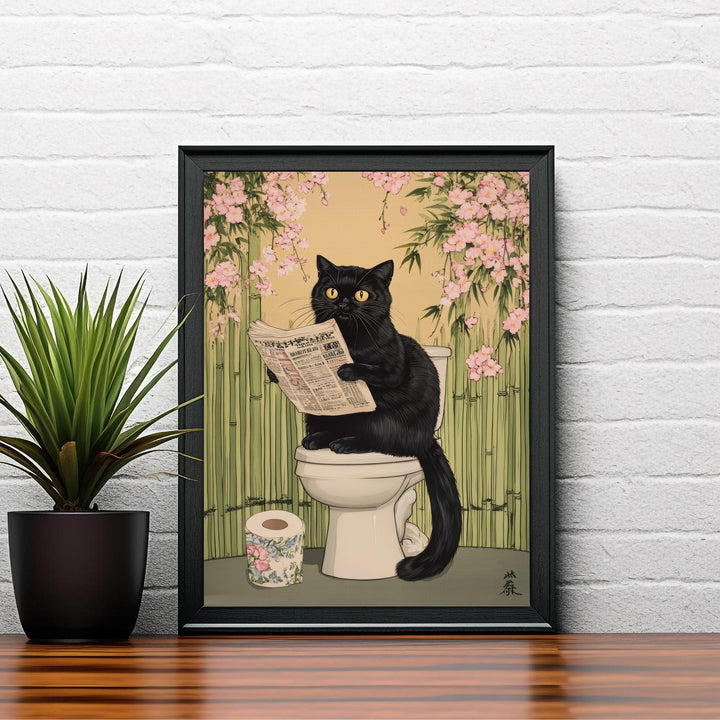 Japanese Cat Sitting on Toilet Art Print Whimsical Poster Ukiyo-e Style Funny Cat Wall Art for Cozy Homes and Quirky Bathroom Decor