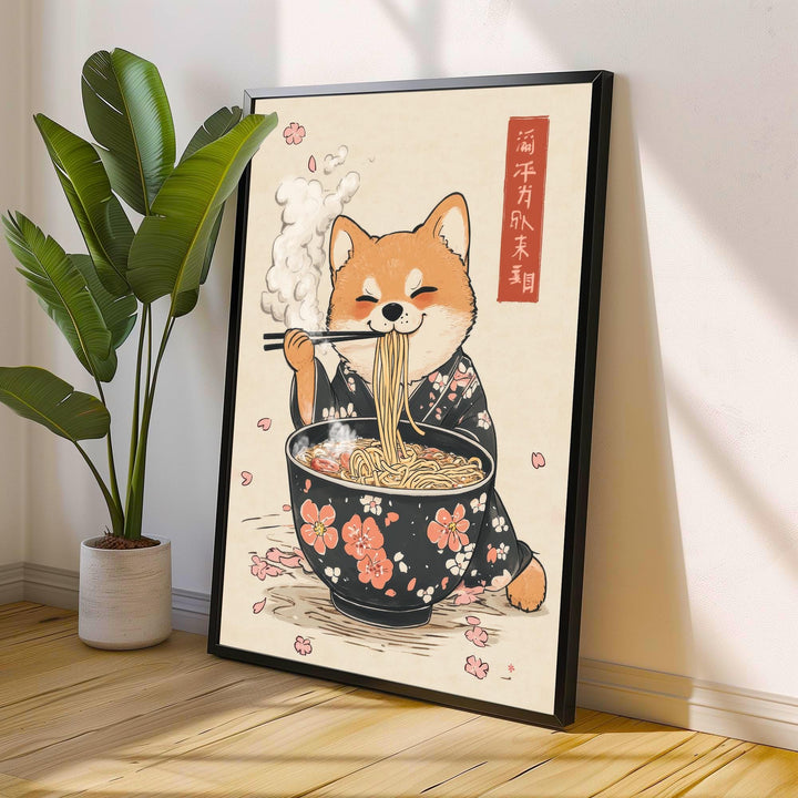 Shiba Slurping Ramen Art Print Whimsical Japanese Style Dog Poster for Cozy Homes Kitchen Decor and Ramen Lover Inspired Spaces