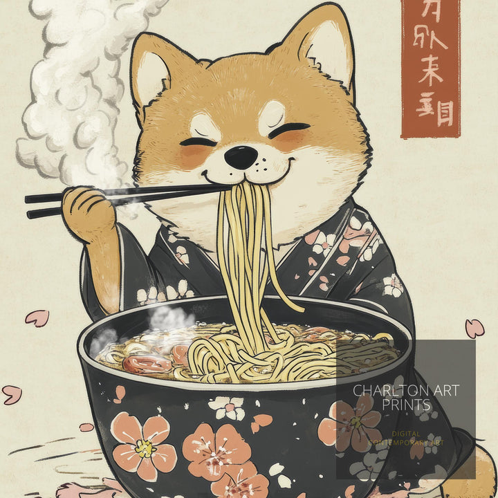 Shiba Slurping Ramen Art Print Whimsical Japanese Style Dog Poster for Cozy Homes Kitchen Decor and Ramen Lover Inspired Spaces
