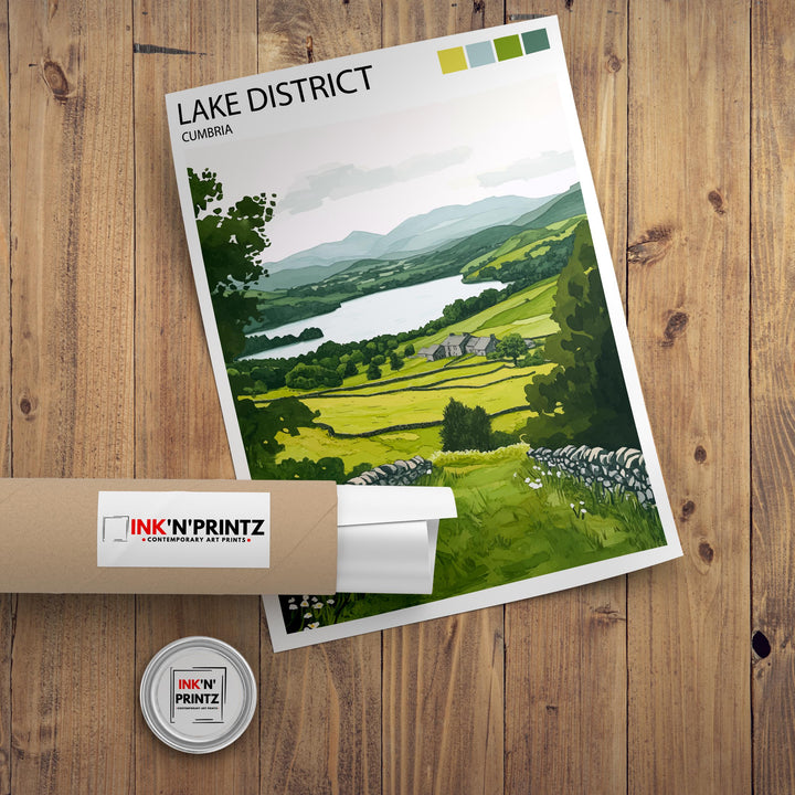 Lake District Travel Poster UK Landscape Art Lake District Print Scenic Mountain Lake Decor