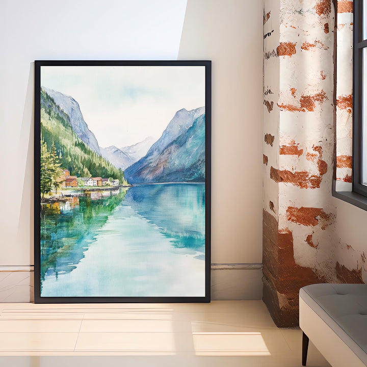 Olden Norway Watercolor Painting Norwegian Fjord Art Olden Print Scenic Mountain Lake Decor Gift for Norway Lovers