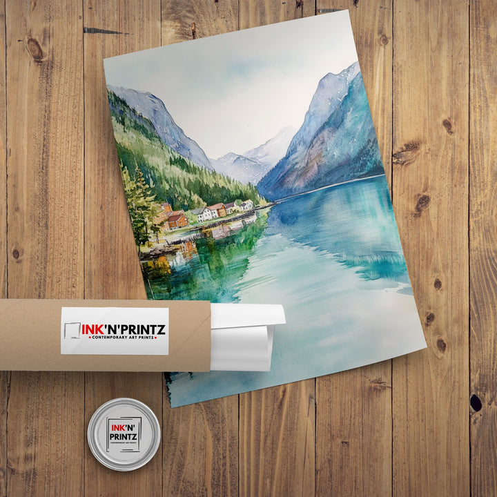 Olden Norway Watercolor Painting Norwegian Fjord Art Olden Print Scenic Mountain Lake Decor Gift for Norway Lovers