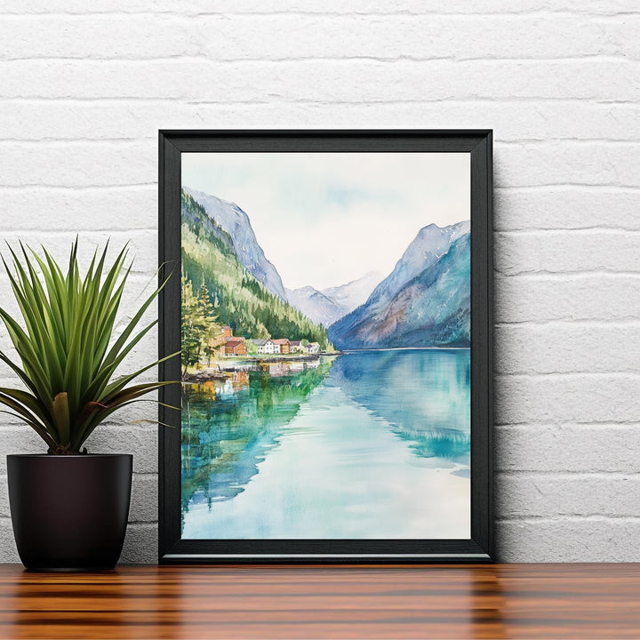 Olden Norway Watercolor Painting Norwegian Fjord Art Olden Print Scenic Mountain Lake Decor Gift for Norway Lovers