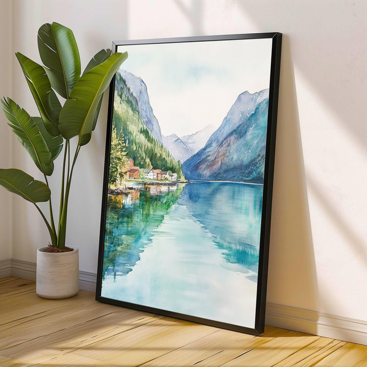 Olden Norway Watercolor Painting Norwegian Fjord Art Olden Print Scenic Mountain Lake Decor Gift for Norway Lovers