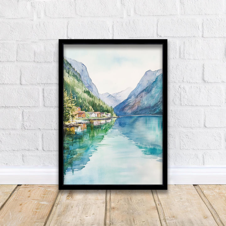Olden Norway Watercolor Painting Norwegian Fjord Art Olden Print Scenic Mountain Lake Decor Gift for Norway Lovers