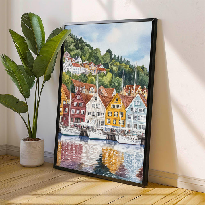 Bergen Norway Watercolor Painting Norwegian City Art Bergen Print Scenic Harbor Landscape Decor Gift for Norway Lovers