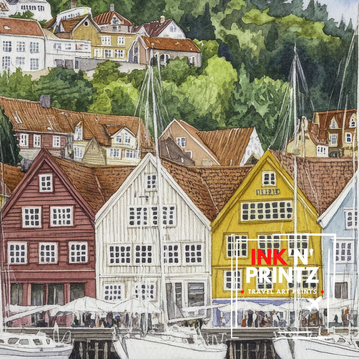 Bergen Norway Watercolor Painting Norwegian City Art Bergen Print Scenic Harbor Landscape Decor Gift for Norway Lovers
