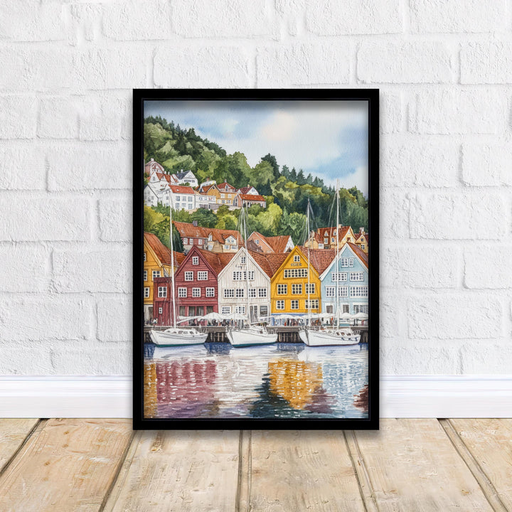Bergen Norway Watercolor Painting Norwegian City Art Bergen Print Scenic Harbor Landscape Decor Gift for Norway Lovers