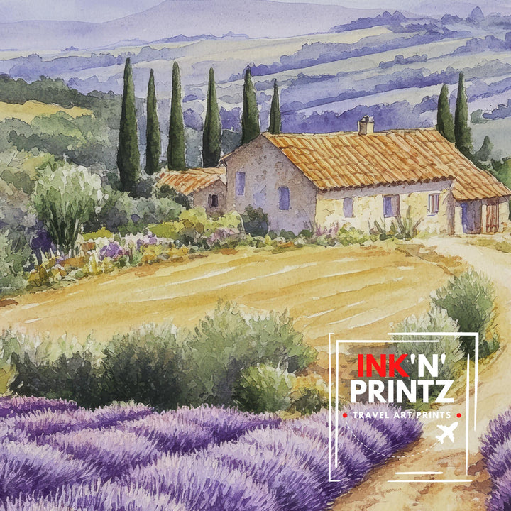 Provence Watercolor Painting French Landscape Art Provence Print Scenic Lavender Fields Decor Gift for France Lovers