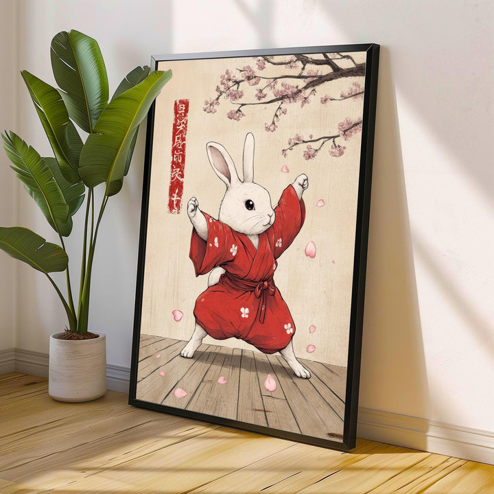 Kung Fu Rabbit Japanese Art Print Whimsical Poster Ukiyo-e Style Bunny Wall Art for Cozy Homes Martial Arts and Animal Lover Decor