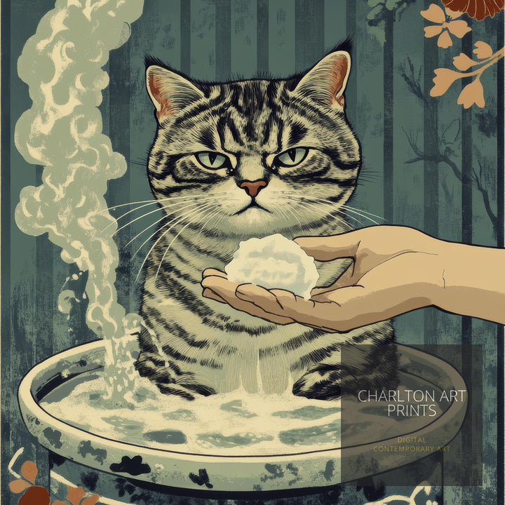 Grumpy Cat Japanese Art Print Whimsical Poster Ukiyo-e Style Cat Wall Art for Cozy Homes Funny Animal Decor and Cat Lover Spaces