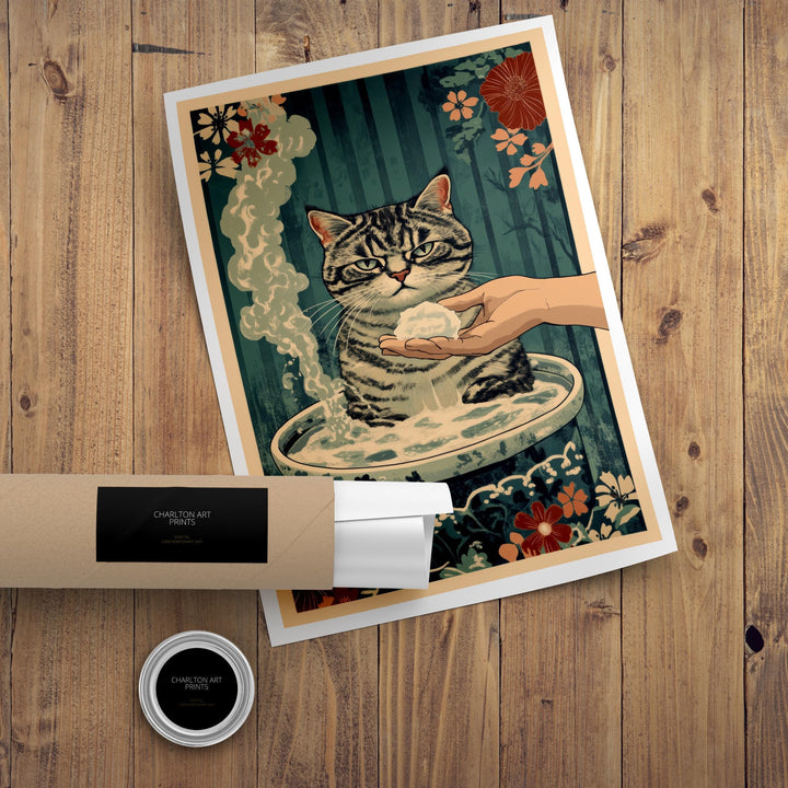 Grumpy Cat Japanese Art Print Whimsical Poster Ukiyo-e Style Cat Wall Art for Cozy Homes Funny Animal Decor and Cat Lover Spaces