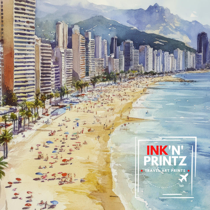 Benidorm Spain Watercolor Painting Spanish City Art Benidorm Print Scenic Beach Resort Decor Gift for Spain Lovers