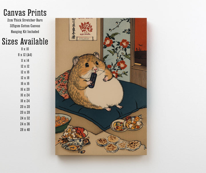 Hamster Binge Watching Poster Japanese Ukiyo-e Style Funny Animal Art Print with Snacks and Remote