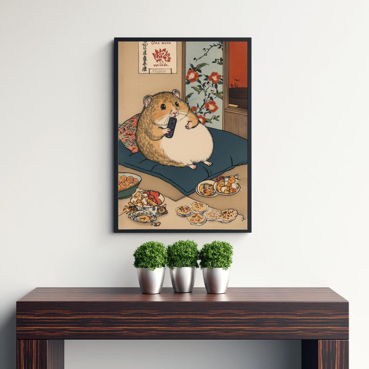 Hamster Binge Watching Poster Japanese Ukiyo-e Style Funny Animal Art Print with Snacks and Remote