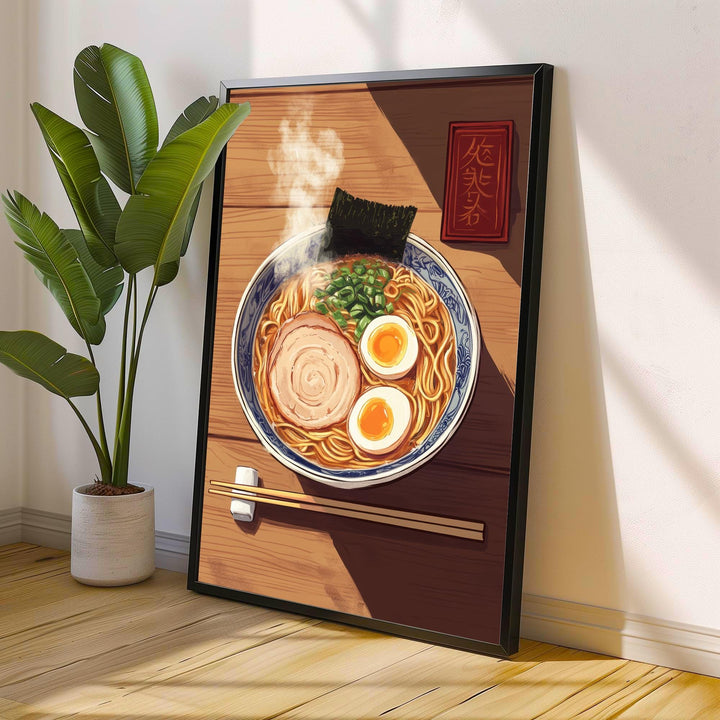Japanese Ramen Bowl Poster Asian Food Wall Art with Egg and Pork Slice Retro Kitchen Noodle Print