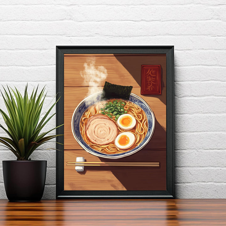 Japanese Ramen Bowl Poster Asian Food Wall Art with Egg and Pork Slice Retro Kitchen Noodle Print